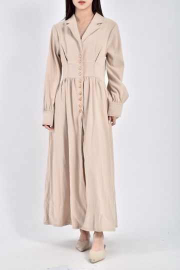 (S) anierk質感排扣收腰風衣杏色洋裝