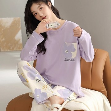 睡衣 帶胸墊 新款韓版時尚 休閒 大碼 家居服 可外穿  甜美少女 寬鬆睡衣  長袖長褲 兩件套 睡衣套裝