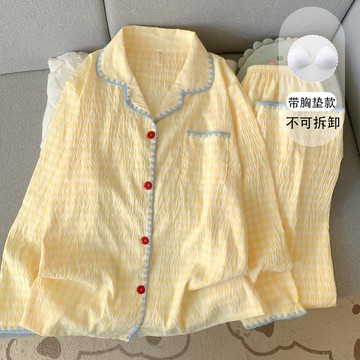 日系格子帶胸墊大碼睡衣 春秋季長袖長褲居家服套裝 寬鬆舒適 女生睡衣 開扣睡衣 罩杯睡衣 可愛睡衣 學生睡衣
