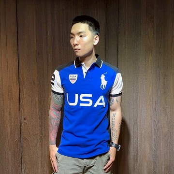 美國百分百【全新真品】Ralph Lauren 短袖 Polo衫 RL USA徽章 大馬 男 上衣 拼色 寶藍 E768