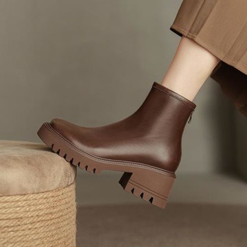 法式復古粗跟馬丁靴女2023秋冬英倫風真皮厚底增高短靴后拉鏈單靴