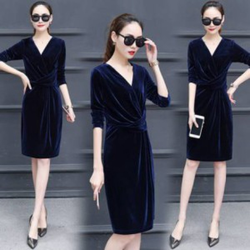 パーティードレス Vネック 七分袖 カシュクール ドレス ベロアワンピース 3色 ひざ丈 スリム 大きいサイズ 上品 エレガント フェミニン 通販 Lineポイント最大1 0 Get Lineショッピング