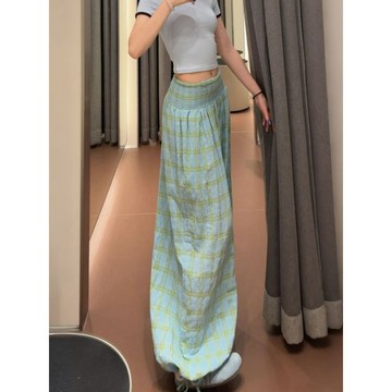 超划算價😲韓系復古格子燈籠褲女夏季慵懶風高腰顯瘦寬鬆休閒運動束腳闊腿褲9PZX
