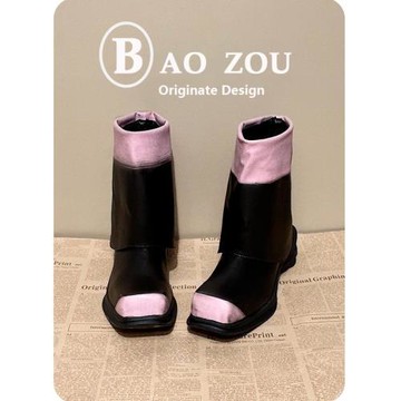 羊皮版~馬丁靴女方頭粗跟厚底拼色短靴褲管套筒復古做舊感瘦瘦靴