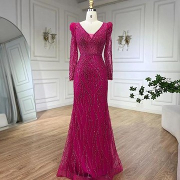 【女神婚紗禮服】高端氣質顯瘦輕奢v領魚尾宴會晚禮服LA71931紫紅色