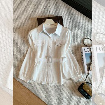 POLO領上衣 襯衫 上衣 襯衣 長袖衫 白色polo領長袖襯衫女早秋季新款設計感收腰顯瘦襯衣通勤上衣 平價韓系女裝
