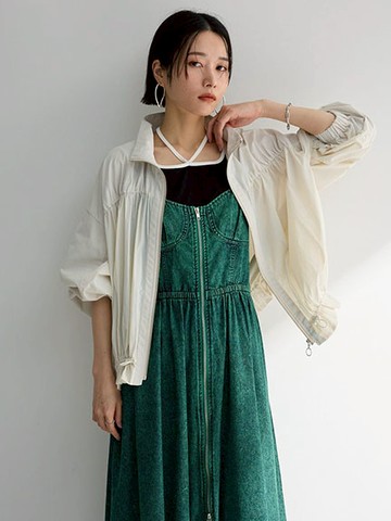 褶皺拼接下擺抽繩短版拉鍊外套(06000196600) - Green Parks