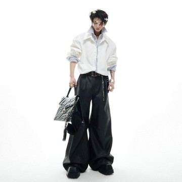 美式白色條紋撞色假兩件襯衫男 秋季痞帥高級感襯衫外套男