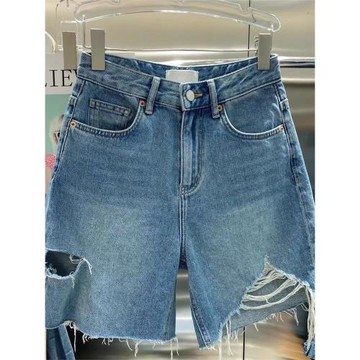 廣州十三行爆款復古高腰破洞牛仔短褲女夏季韓版不規則毛邊五分褲