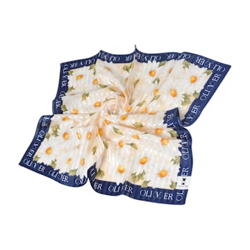 OLIVER  日本製優雅花朵圖騰直紋字母LOGO棉混絲質大帕領巾(米黃色/深藍邊/58CM)