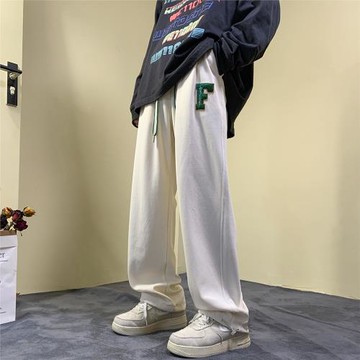 男女情侶毛巾繡花抽繩耐磨休閑運動長褲子寬松直筒個性束腳衛褲潮