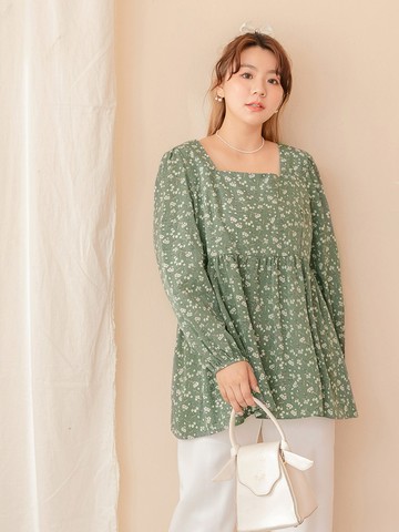 雲朵自訂款-小Ｖ臉．方領美背綁帶碎花雪紡上衣