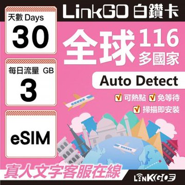 LINKGO白鑽卡 全球116國 eSIM卡 30天上網卡 每日3GB(全球網卡 亞洲 歐洲 美洲 大洋洲 非洲)