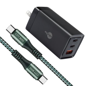 MyStyle 65W GaN氮化鎵極速充電器-黑+勇固耐彎折100W編織快充線 Type-C to Type-C -300cm-綠