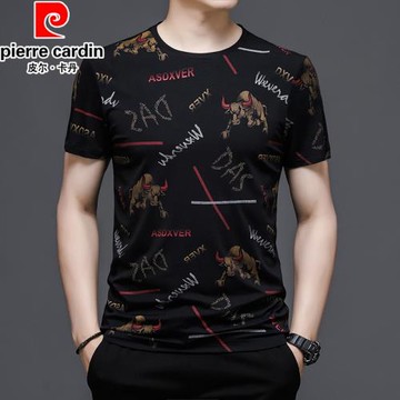 皮爾卡丹短袖T恤男士夏季圓領印花純棉男潮流寬松丅恤潮牌上衣男