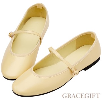 【Grace Gift】俏皮少女素面花釦芭蕾舞瑪莉珍鞋 淺黃
