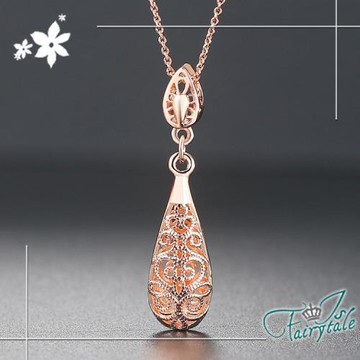 伊飾童話 復古水滴＊華麗雕花垂墜項鍊/玫瑰金