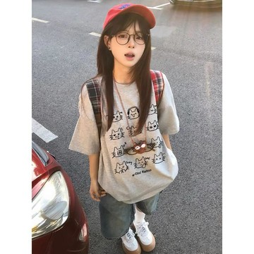 已售9642件💖赤道少女  灰色短袖T恤  貓咪印花   短袖上衣 oversize 潮牌衣服 設計感上衣 寬鬆上衣