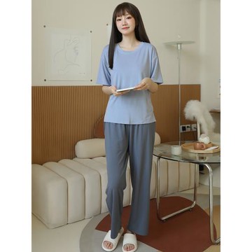 莫代爾帶胸墊睡衣女士夏季短袖長褲家居服春夏天涼感套裝純棉