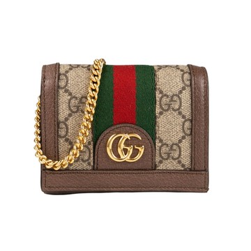 GUCCI Ophidia經典Supreme帆布紅綠織帶短夾鏈帶包(烏木色)