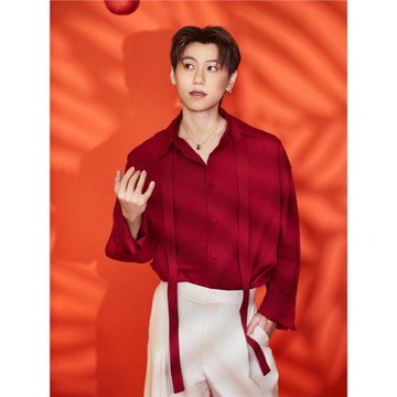 邱宇辰同款長袖飄帶襯衫男士綢緞高級小眾痞帥紅色翻領垂感襯衣潮
