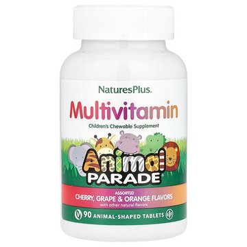 NaturesPlus, Animal Parade®，兒童咀嚼多維生素，櫻桃、葡萄和橙子味，90 片動物狀片劑