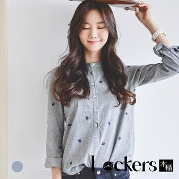 【Lockers 木櫃】夏季刺繡條紋立領襯衫 L111072501