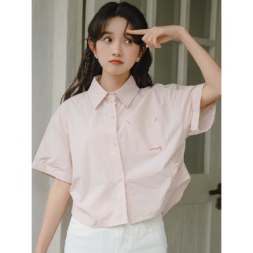 韓版寬松休閑刺繡百搭別致襯衣設計感小眾短袖襯衫上衣女夏季新款
