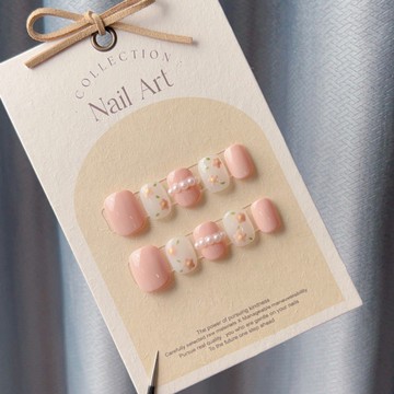 𝕌ℕ𝕀𝕂𝕆𝕆 【粉桃奶昔】溫柔甜美 手工穿戴甲 撞色手繪花朵顯白 溫柔甜美 指甲貼片 美甲 短版穿戴甲