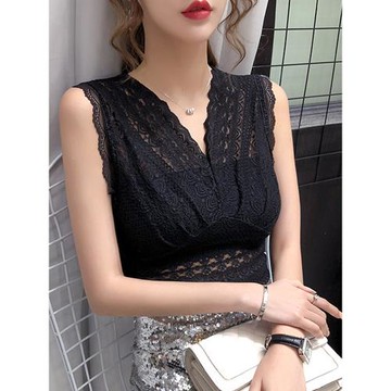 2025春秋v領吊帶背心蕾絲衫高級感法式鏤空收腰上衣女內搭打底衫
