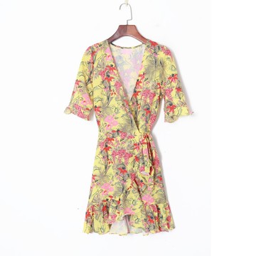 夏季女裝復古清新印花氣質V領一片式高腰系帶荷葉邊連衣裙