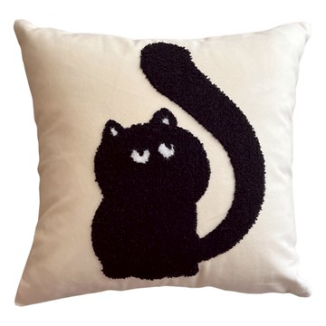 貓咪立體刺繡抱枕套 聚酯纖維  貓咪 黑色 + 米色  45 x 45cm