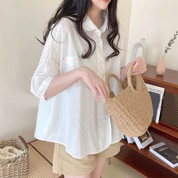 【ACheter】通勤寬鬆A字斗篷純色5分袖短版上衣娃娃領襯衫# 124679