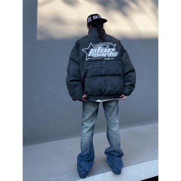 cemoliqiu美式復古刺繡棉服男女冬季加厚oversize寬松皮衣外套ins