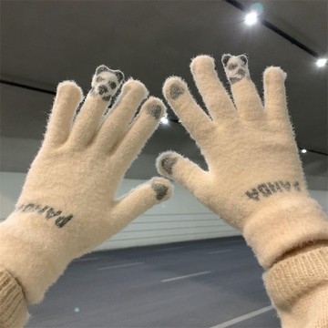 秋冬新款💯小熊貓可愛加絨加厚手套ins保暖學生騎車防風防寒冬季觸屏手套 簡約觸屏保暖加厚騎車防風情侶手套秋冬手套 防風手