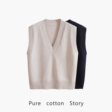 100%棉 純棉馬甲2024年春秋女士毛衣背心短款毛線坎肩無袖針織衫