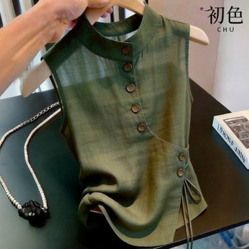 初色 韓系純色單排釦綁帶修身立領無袖背心上衣女上衣-綠色-52207(M-2XL可選)