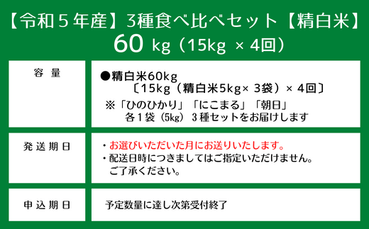 3種食べ比べセット60kg定期便（15㎏×4回）岡山県総社市産〔令和6年1月・3月・5月・7月配送〕 23-050-011