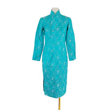 二手 綠色 緞面 彩色刺繡 硬領 古董訂製 旗袍 長袖 PF327