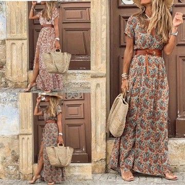 2020速賣通爆款歐美熱賣大碼波西米亞風V領碎花短袖連衣裙長裙子