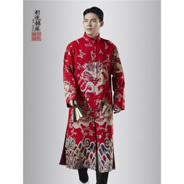 中國風春秋加長外套男立領龍紋印花棉麻中式唐裝風衣男長款過膝