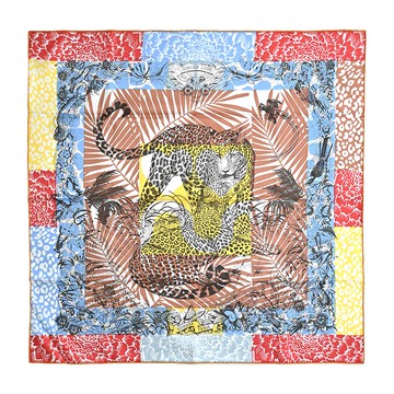 Hermes 愛馬仕 Jungle Love stamped 70 cm手工捲邊斜紋真絲方巾(藍/棕褐/胭脂)_廠商直送