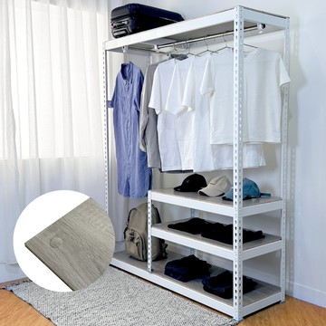 【空間特工】開放式衣櫃150x45x180cm 免螺絲角鋼收納架 吊衣架 置物櫃波霧灰層板｜白角鋼