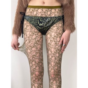 BON 自制雙色青苔綠紋理鏤空不規則編織網襪y2k薄款性感辣妹絲襪