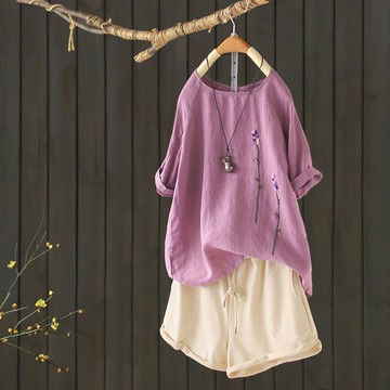 子沫原創文藝復古刺繡短袖圓領紫色棉麻T恤女寬松百搭民族風上衣