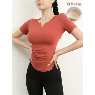 帶胸墊瑜伽服女高級感普拉提訓練跑步短袖收腰顯瘦速干健身上衣夏