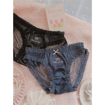 柔粉杏仁~純欲甜美蝴蝶結刺繡內褲涼感綢緞蕾絲日系少女2025新品