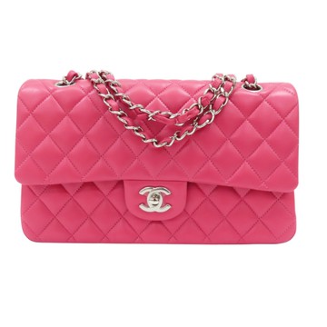 【二手名牌BRAND OFF】CHANEL 香奈兒 粉色 羊皮 Classic Double Flap 25 鍊帶 肩背包 銀扣 (無卡) A01112
