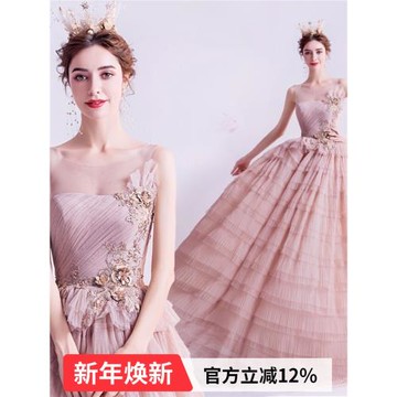 天使嫁衣輕奢風尚粉色新娘結婚敬酒服年會演出蓬蓬裙禮服2480批發