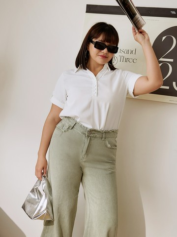 簡約翻領包釦袖絆短袖上衣
